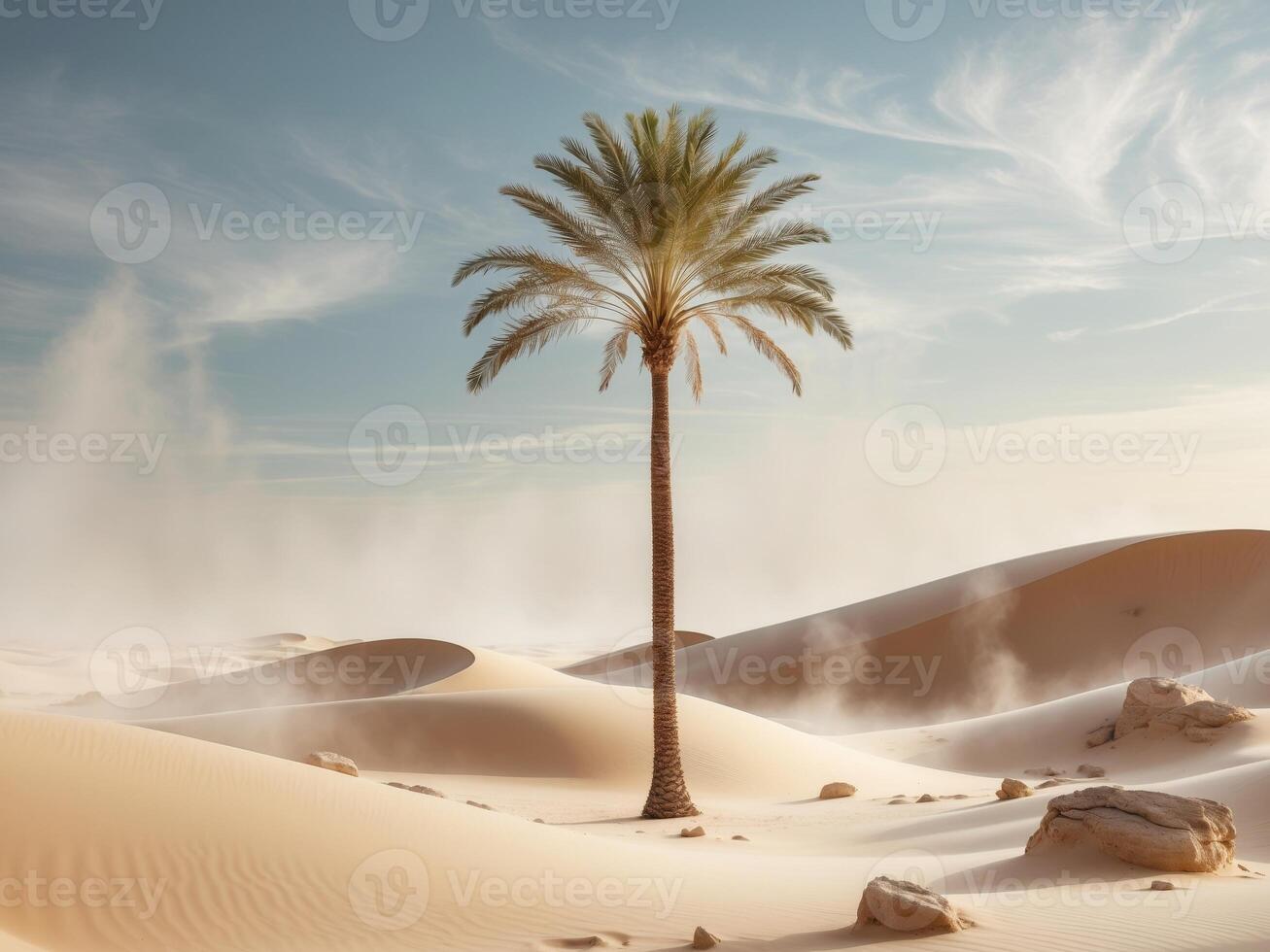Lone Palm Tree Amid Sweeping Desert Dunes in Peaceful Oasis Landscape photo