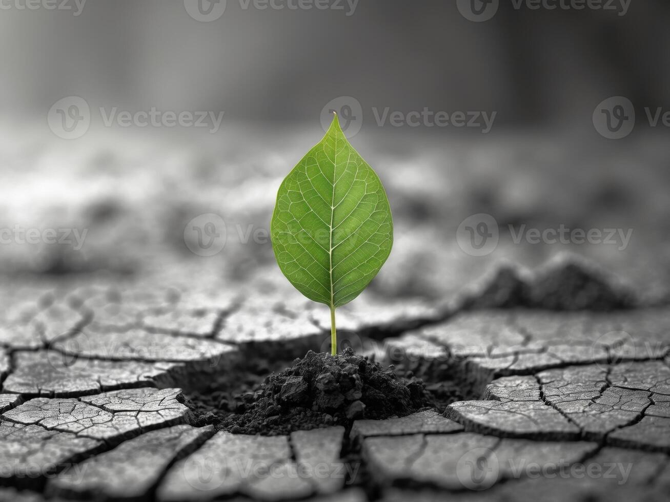 Green Leaf Growing on Dry Cracked Soil Symbolizing Hope and Resilience in Nature photo