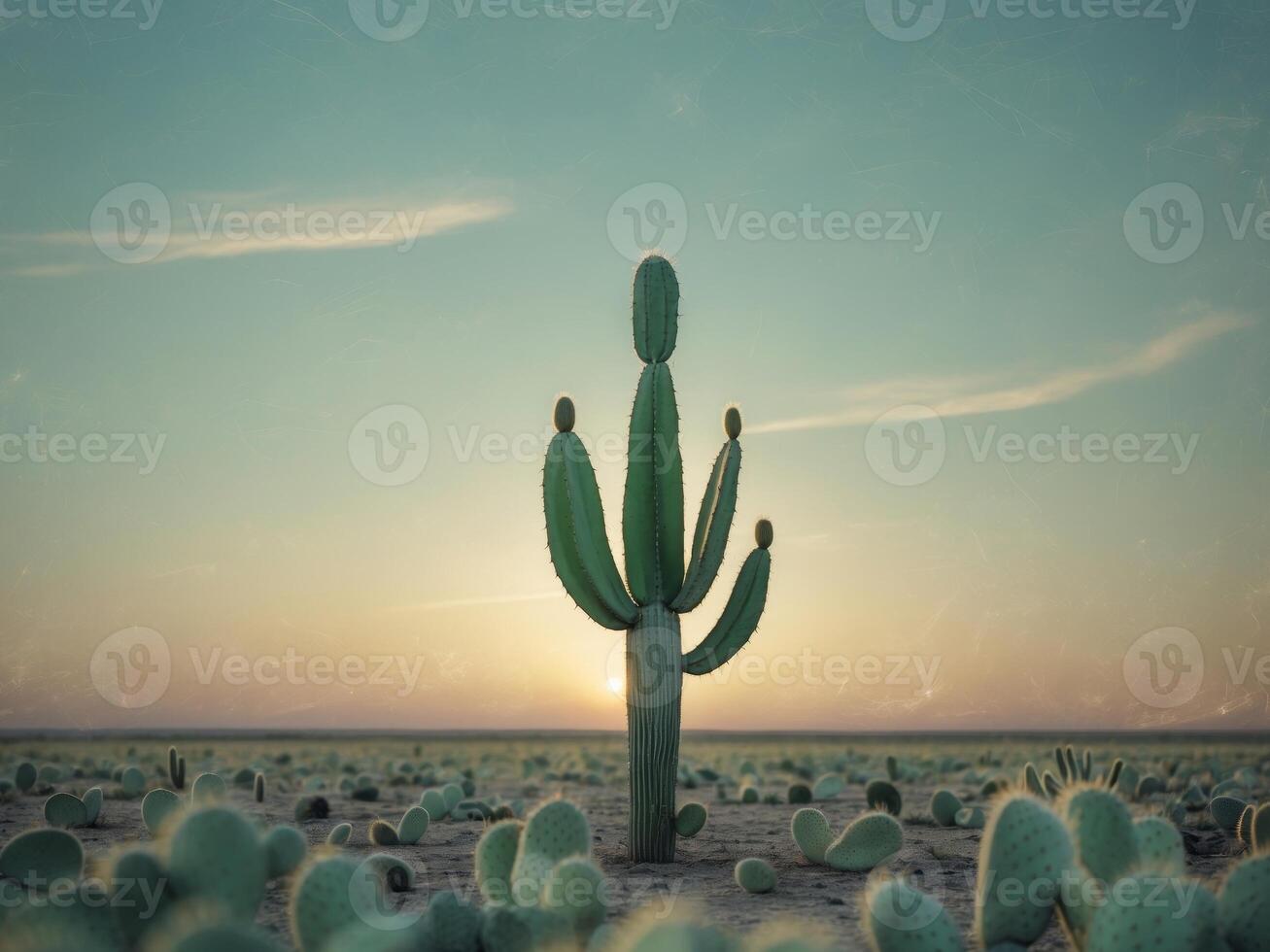 Prickly Pear Cactus in Sunlight at Dusk with Open Field and Warm Ambient Light photo