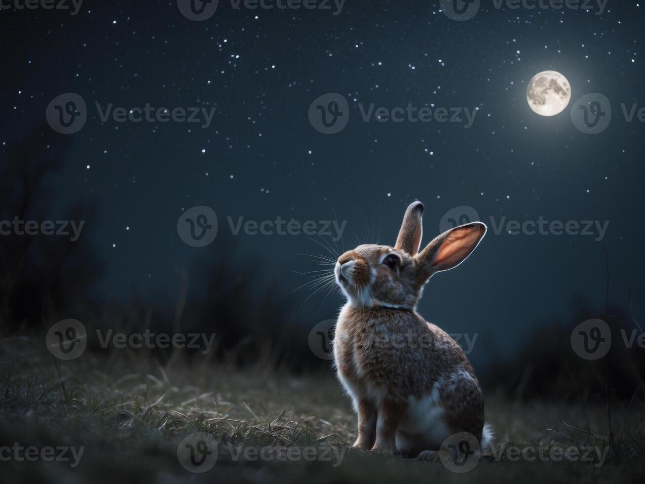 Wild rabbit gazing upwards in the dark nightWild rabbit gazing upwards in the dark night. photo