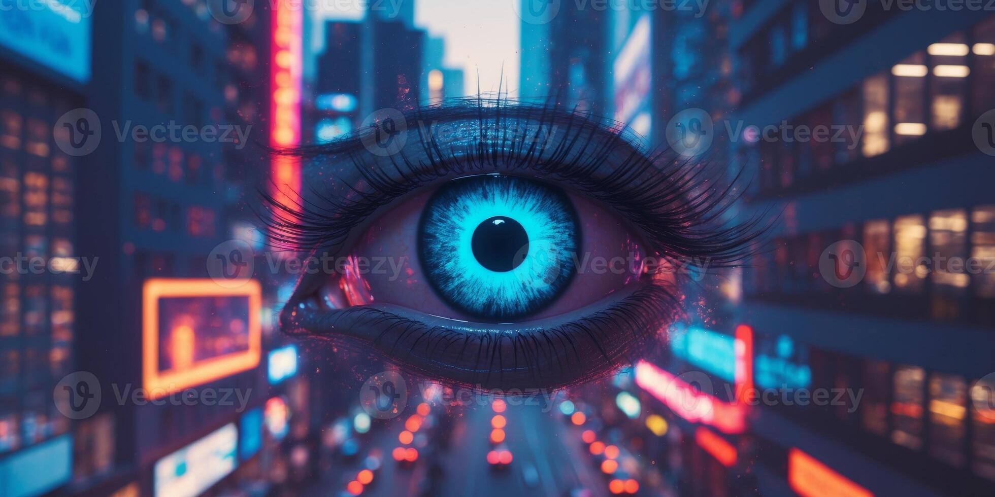 Exploration of technology and surveillance through digital representation of an eye amidst vibrant urban landscapes photo
