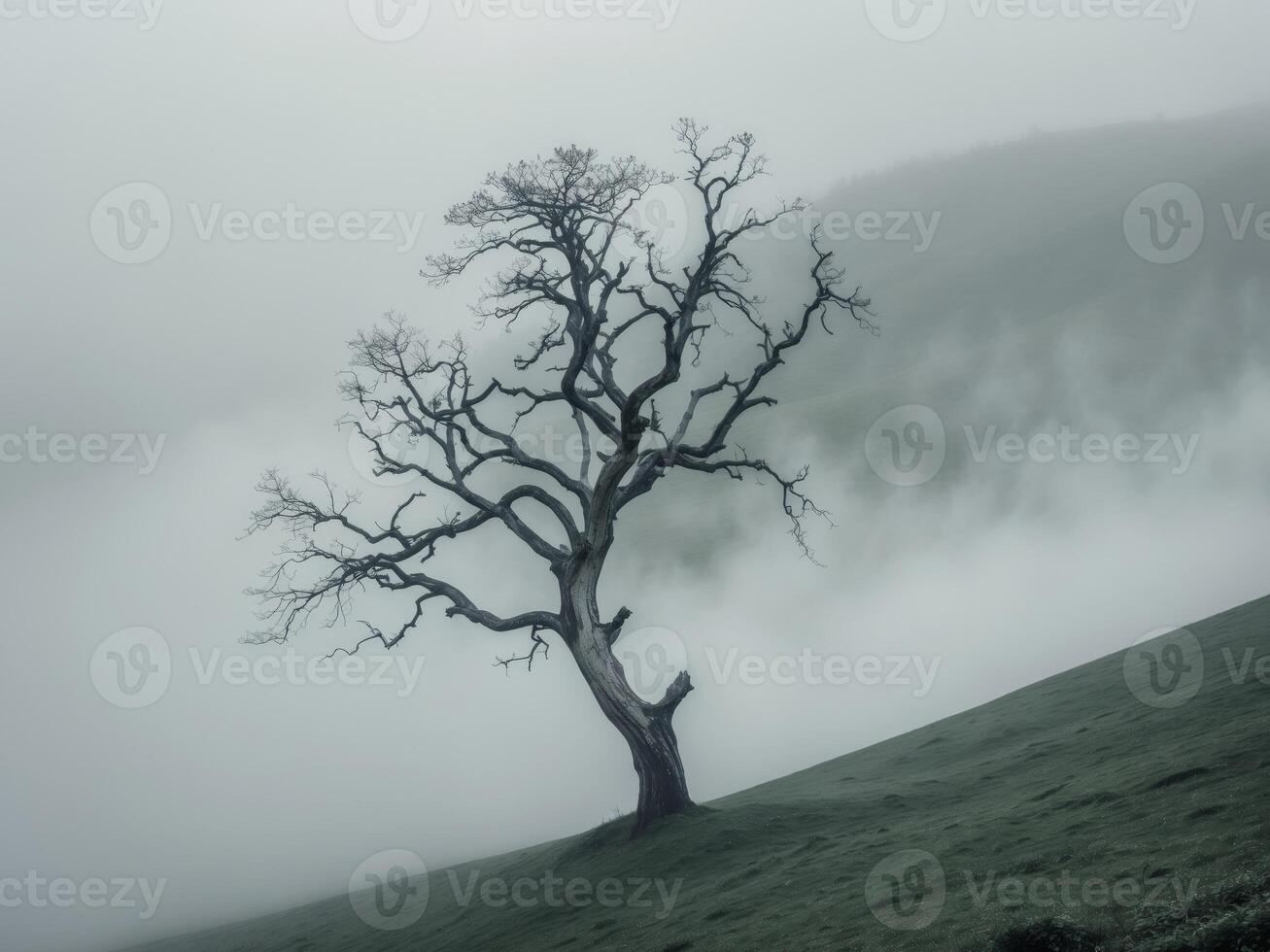 Skeletal Tree Reaching Upward on Mysterious Foggy Hill With Copy Space photo