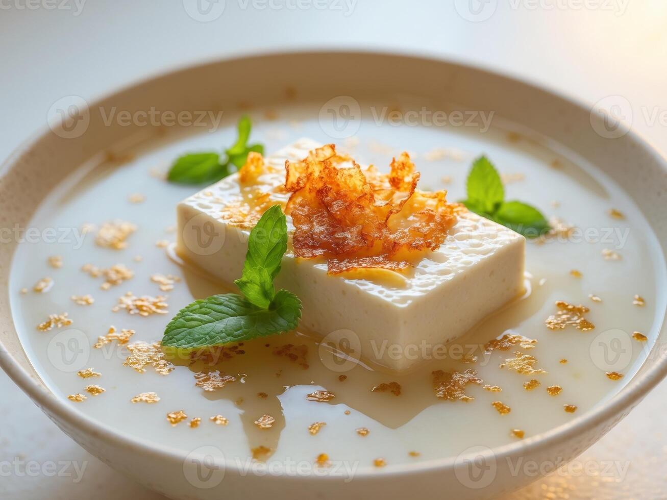 Silken Tofu in Savory Broth with Bonito Flakes and Mint photo