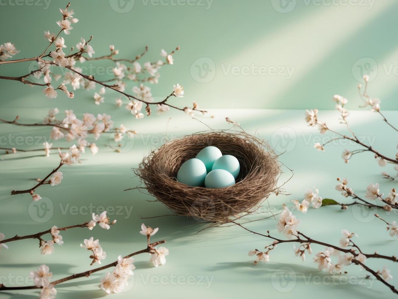 Nest with Three Blue Eggs Surrounded by Blossoming Branches on Mint BackgroundNest with Three Blue Eggs Surrounded by Blossoming Branches on Mint Background. photo