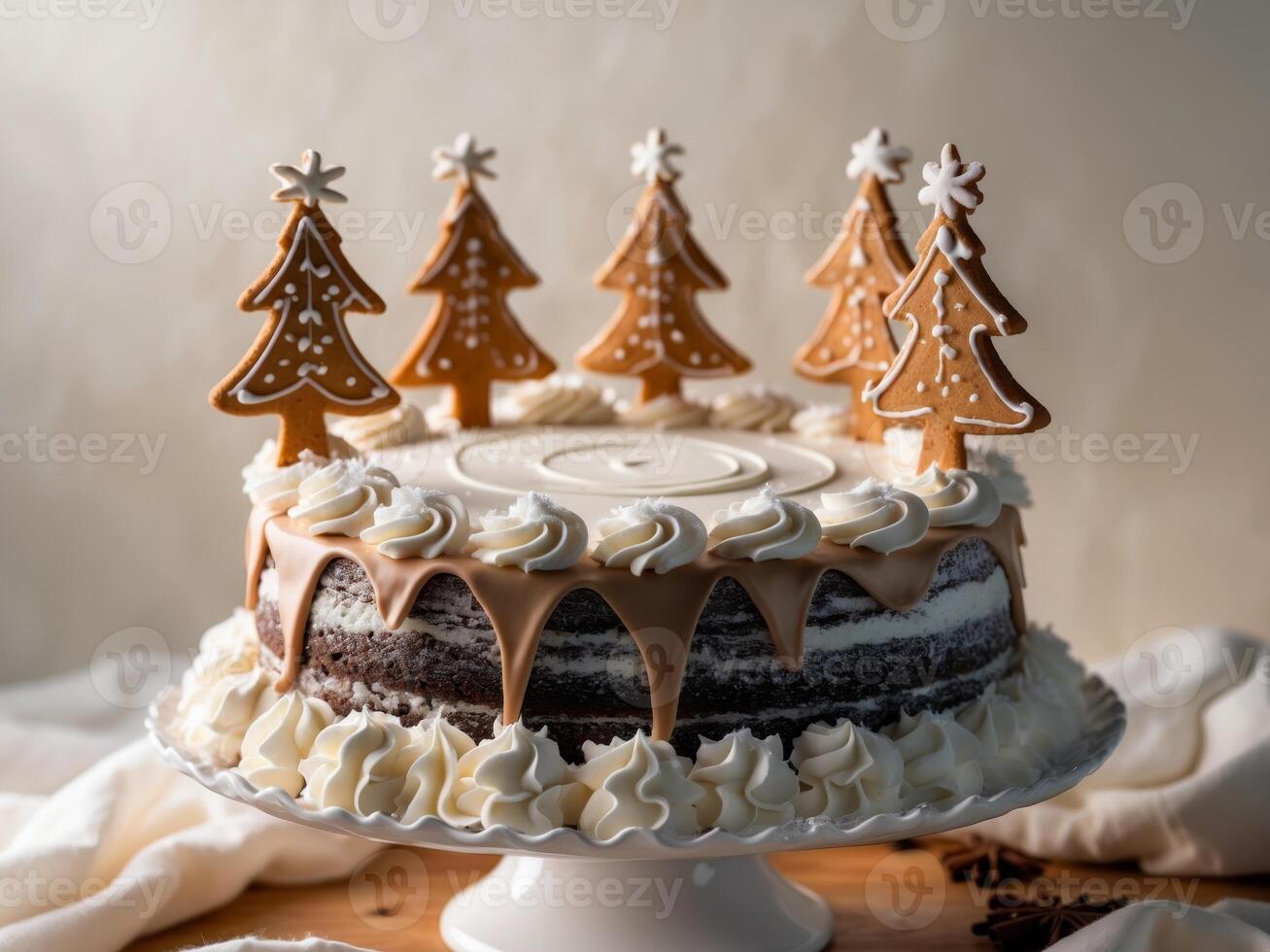 Festive Winter Chocolate Cake Decorated with White Icing and Gingerbread TreesFestive Winter Chocolate Cake Decorated with White Icing and Gingerbread Trees. photo
