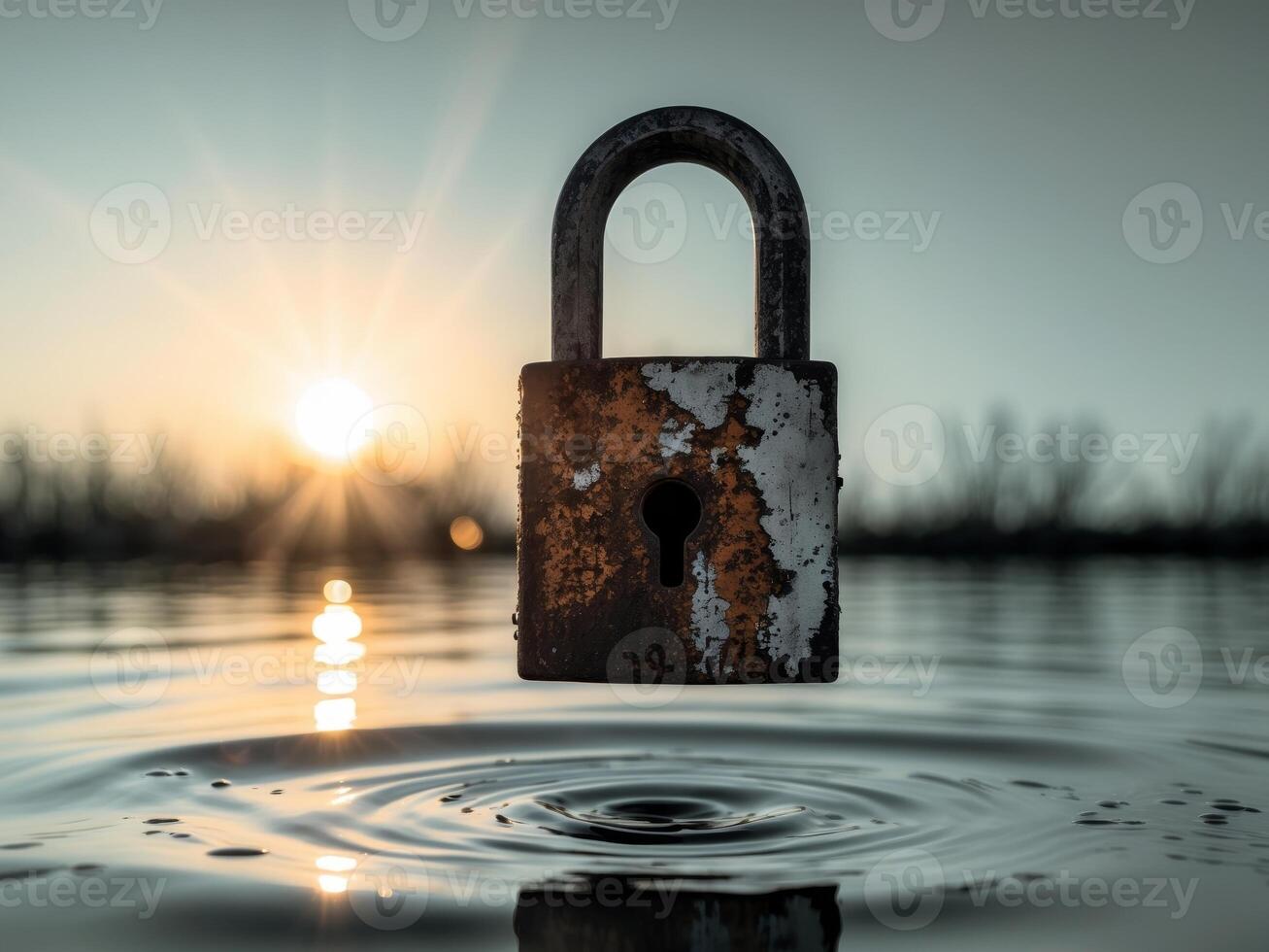 Weathered padlock and peaceful waters under sunsets glow symbolize natural security photo