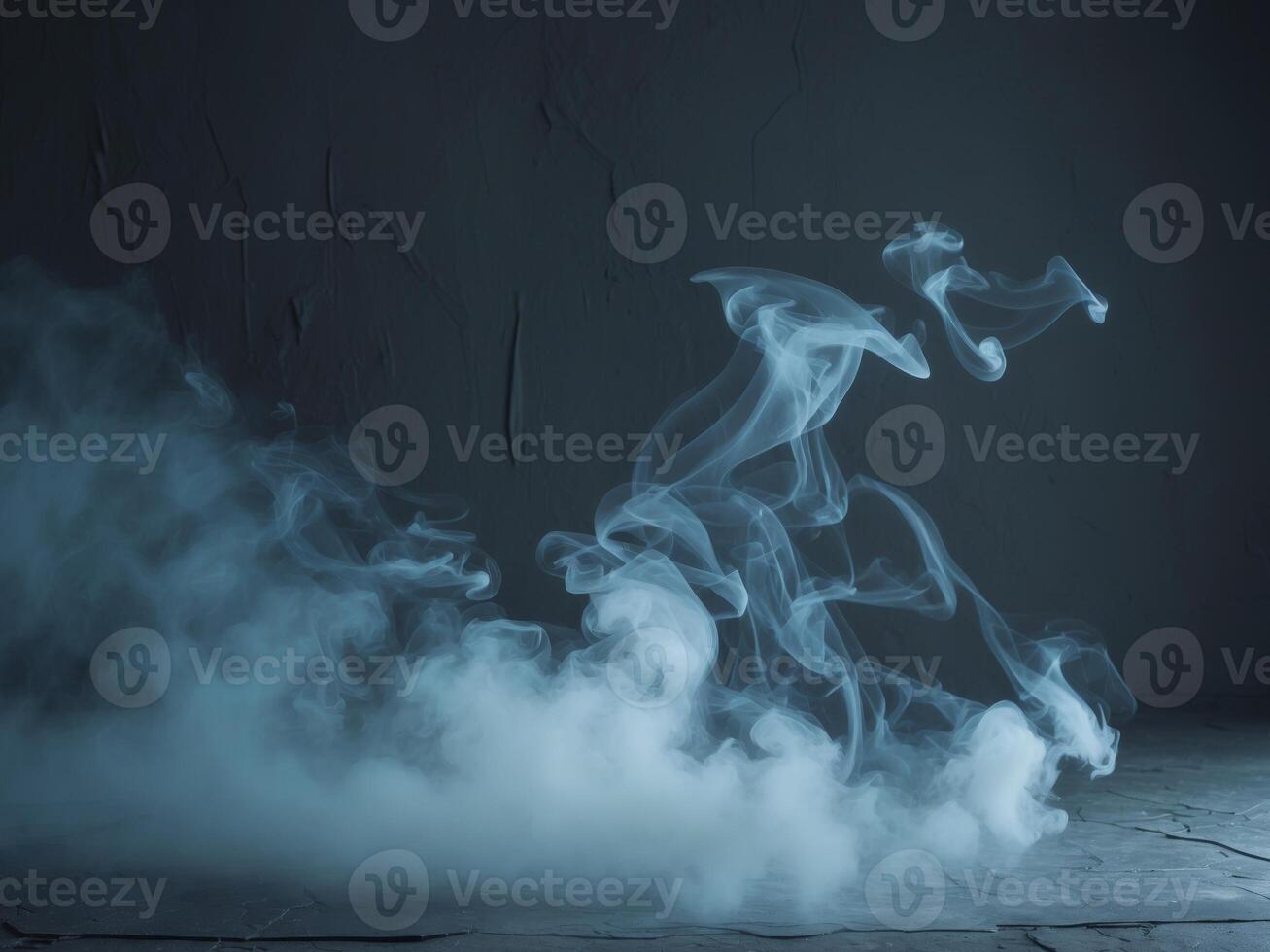 Dark background with blue light and white smoke photo