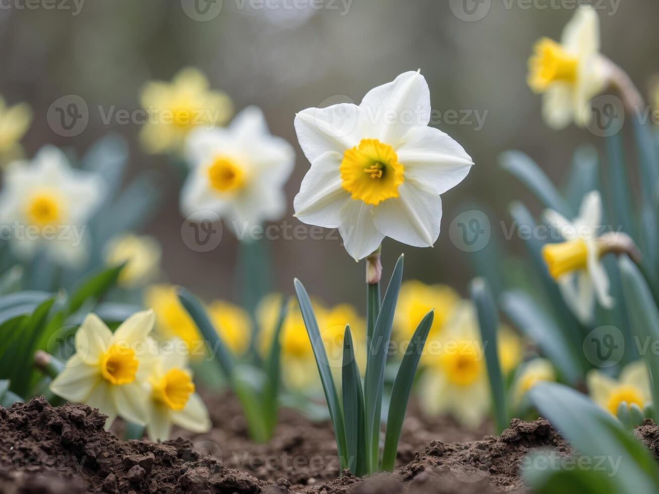 White Daffodil Flowers Blooming in Garden Soil Surrounded by Yellow Blooms and LeavesWhite Daffodil Flowers Blooming in Garden Soil Surrounded by Yellow Blooms and Leaves. photo