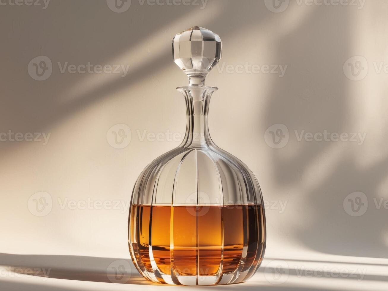 Elegant crystal decanter casting shadows with amber liquid in sunlight photo