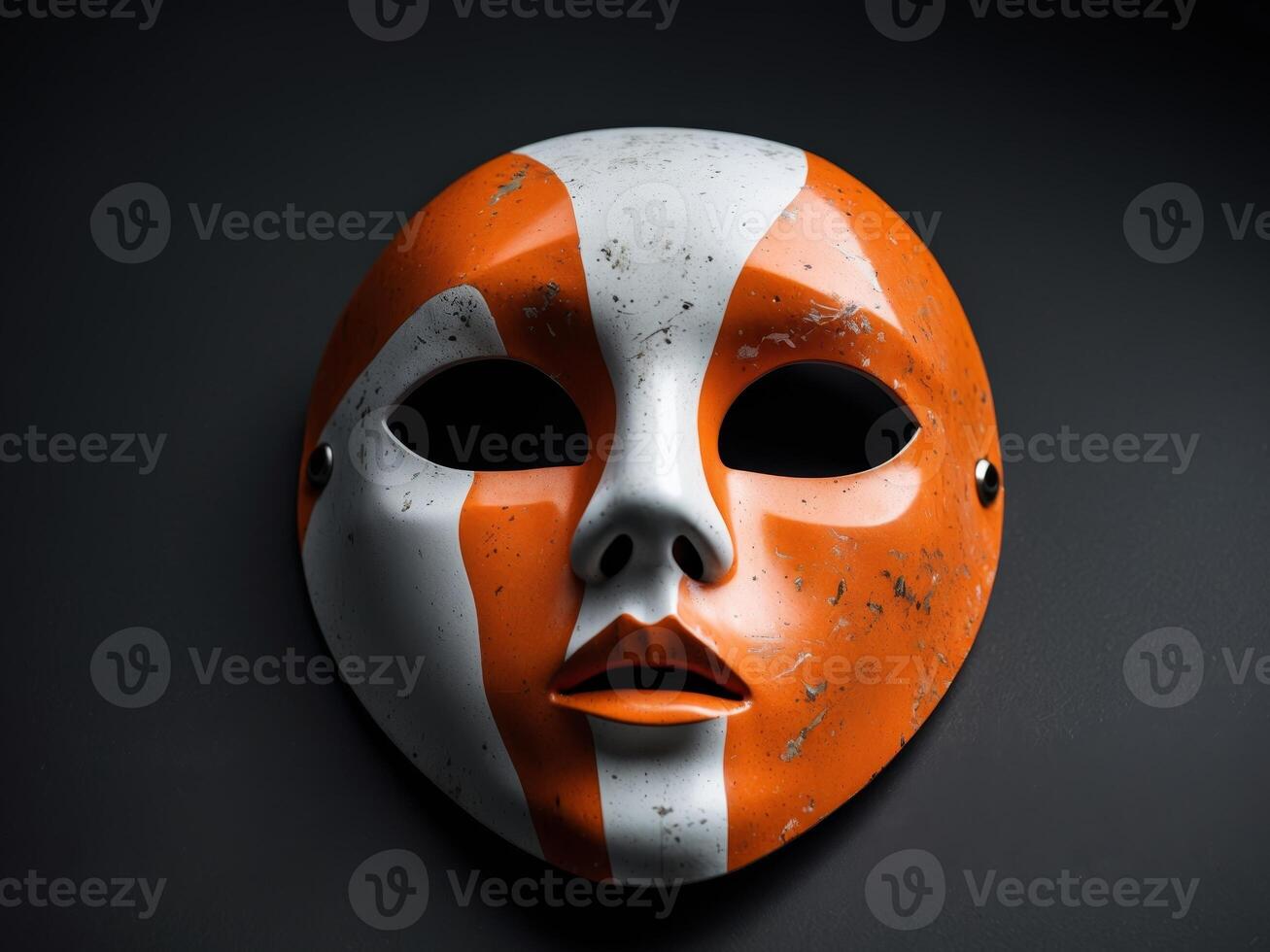 a white and orange mask with black background photo