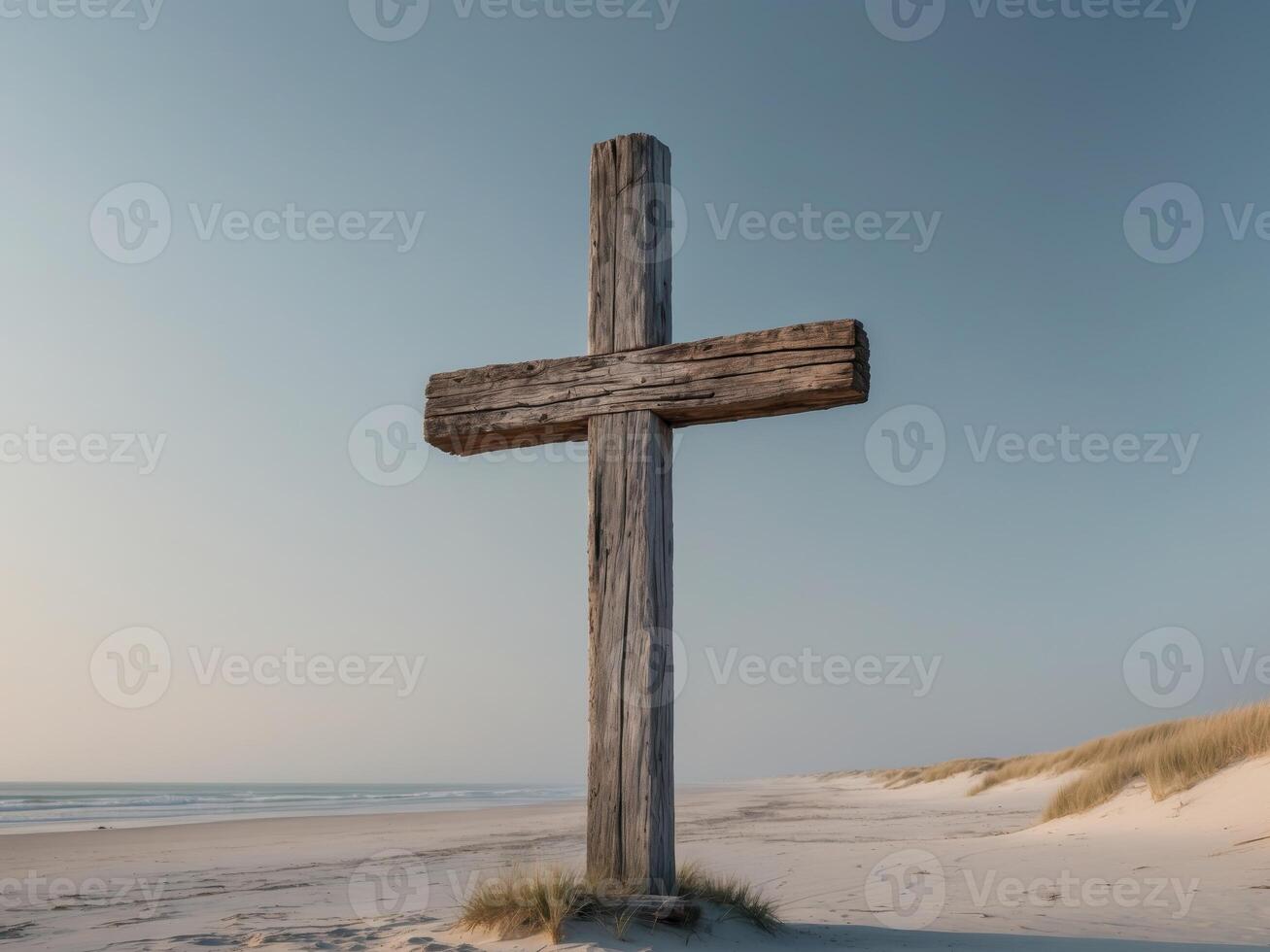 A rustic wooden cross on a deserted beachA rustic wooden cross on a deserted beach. photo