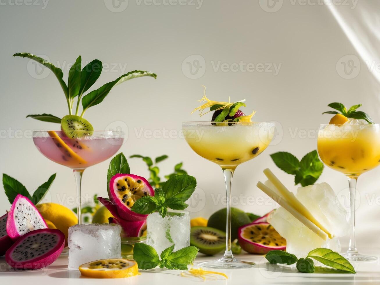 Artisanal drink showcase with exotic fruits and fresh herbs photo