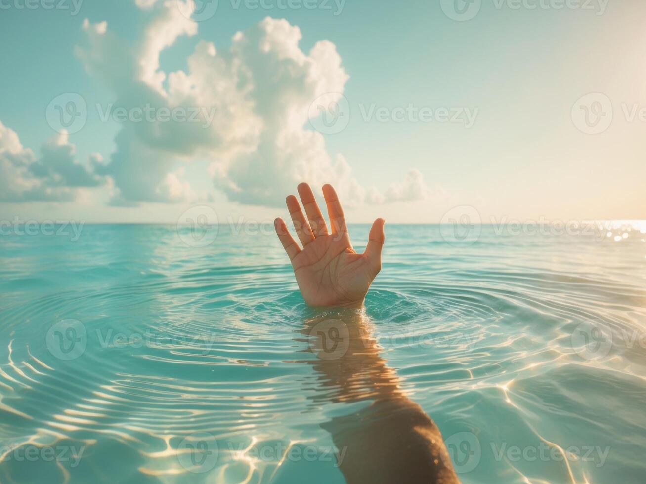 Reaching hand underwater with sunlight filtering through the waves photo