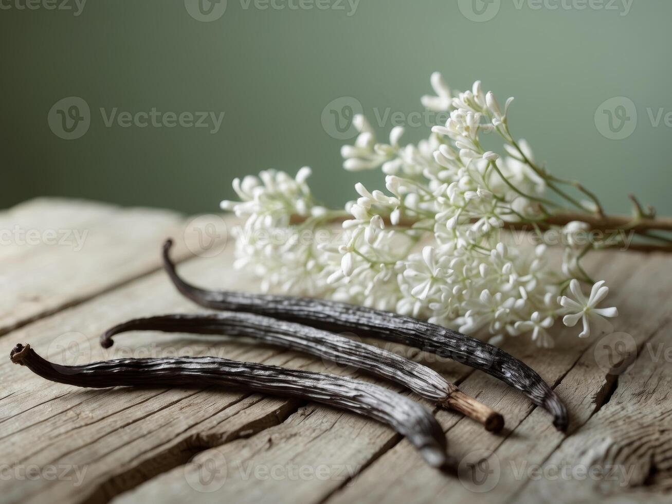 Fresh Vanilla Pods and Delicate White Flowers on a Wooden Surface with Green BackgroundFresh Vanilla Pods and Delicate White Flowers on a Wooden Surface with Green Background. photo