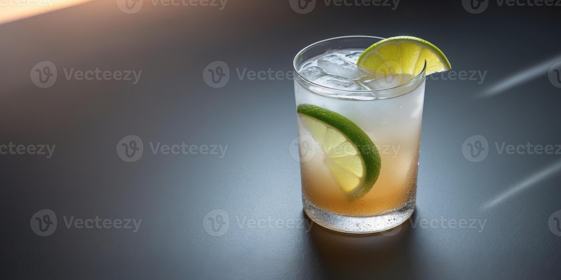 Refreshing Iced Beverage with Lime Garnish on a Dark Surface ready to be served photo