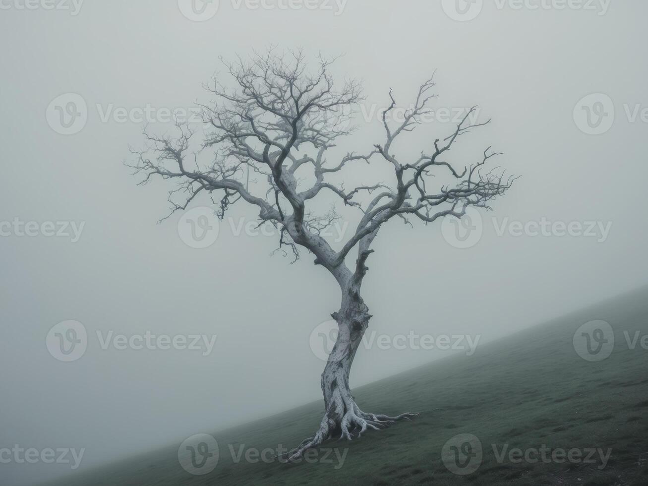 Skeletal Tree Reaching Upward on Mysterious Foggy Hill With Copy SpaceSkeletal Tree Reaching Upward on Mysterious Foggy Hill With Copy Space. photo