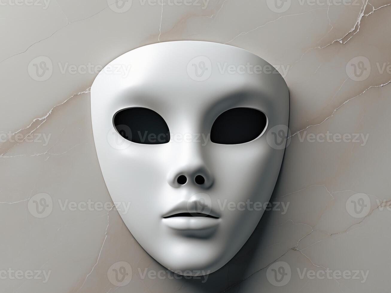 Abstract white mask with hollow eyes and smooth surface on a neutral marble background photo