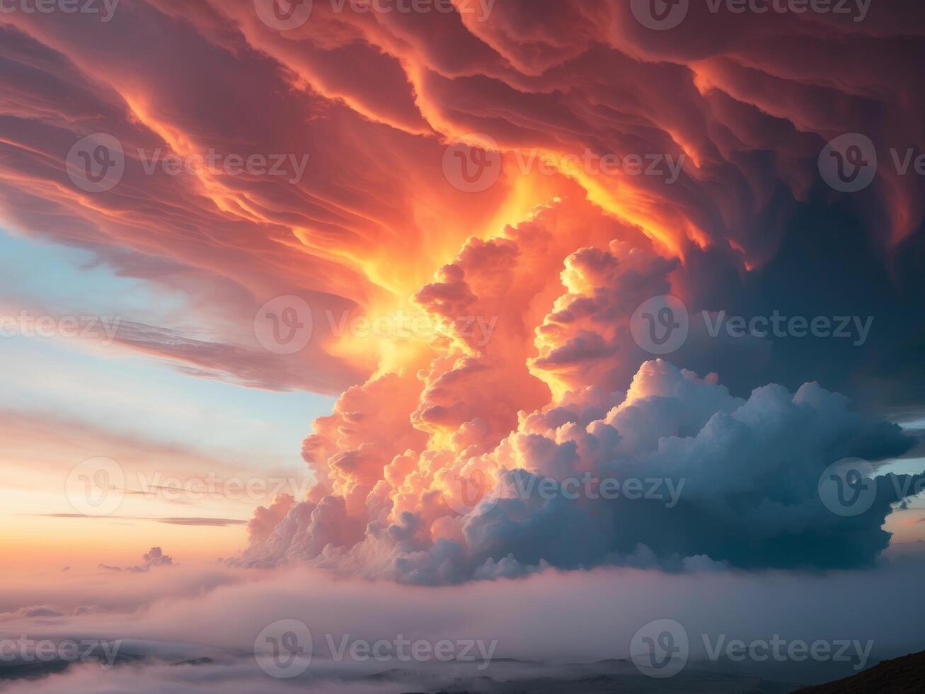 Colorful sunrise illuminating storm clouds creating dynamic visual displaysColorful sunrise illuminating storm clouds creating dynamic visual displays. photo