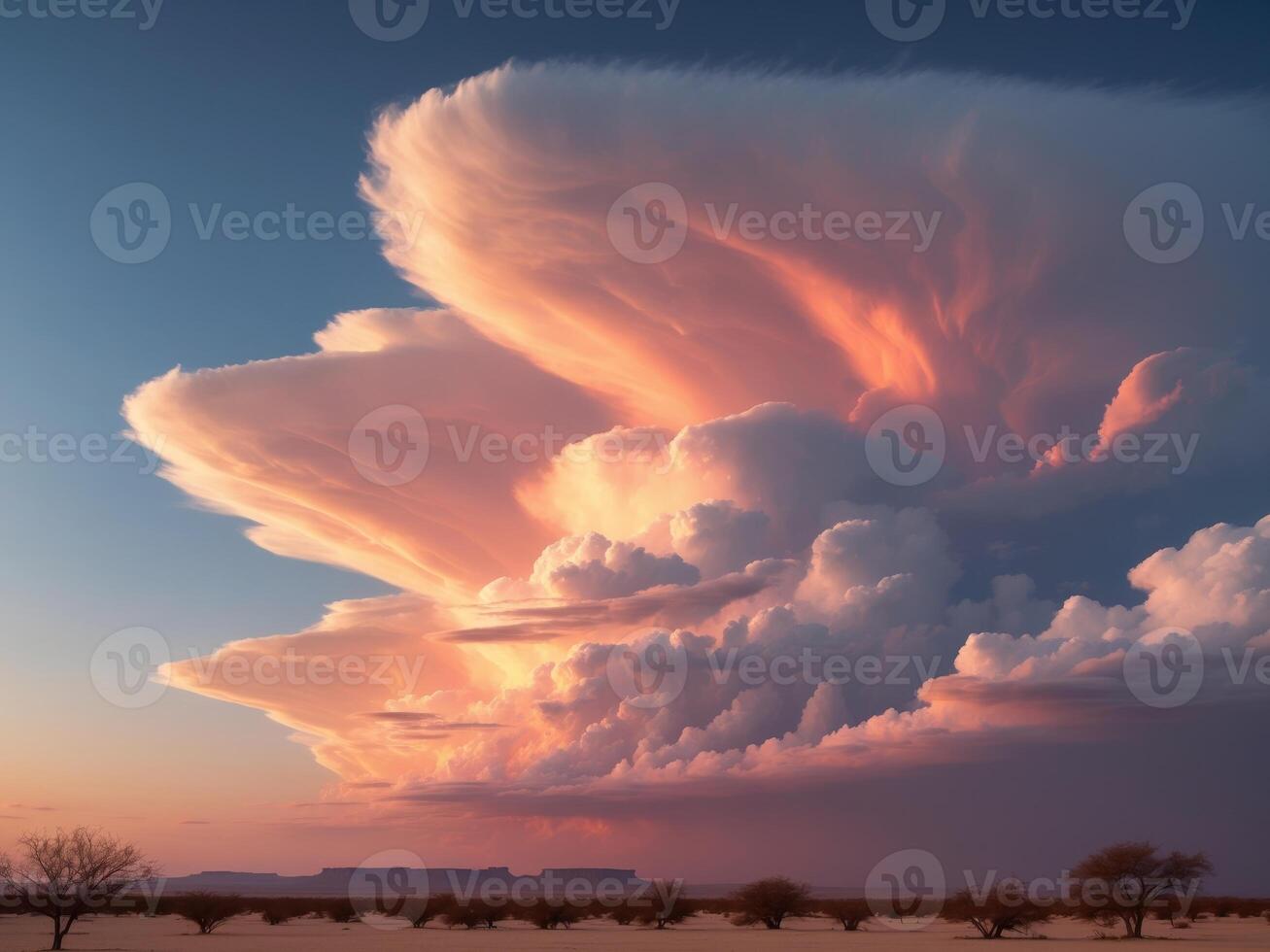 Dynamic clouds rolling across a vast desert landscape during a dramatic sunsetDynamic clouds rolling across a vast desert landscape during a dramatic sunset. photo