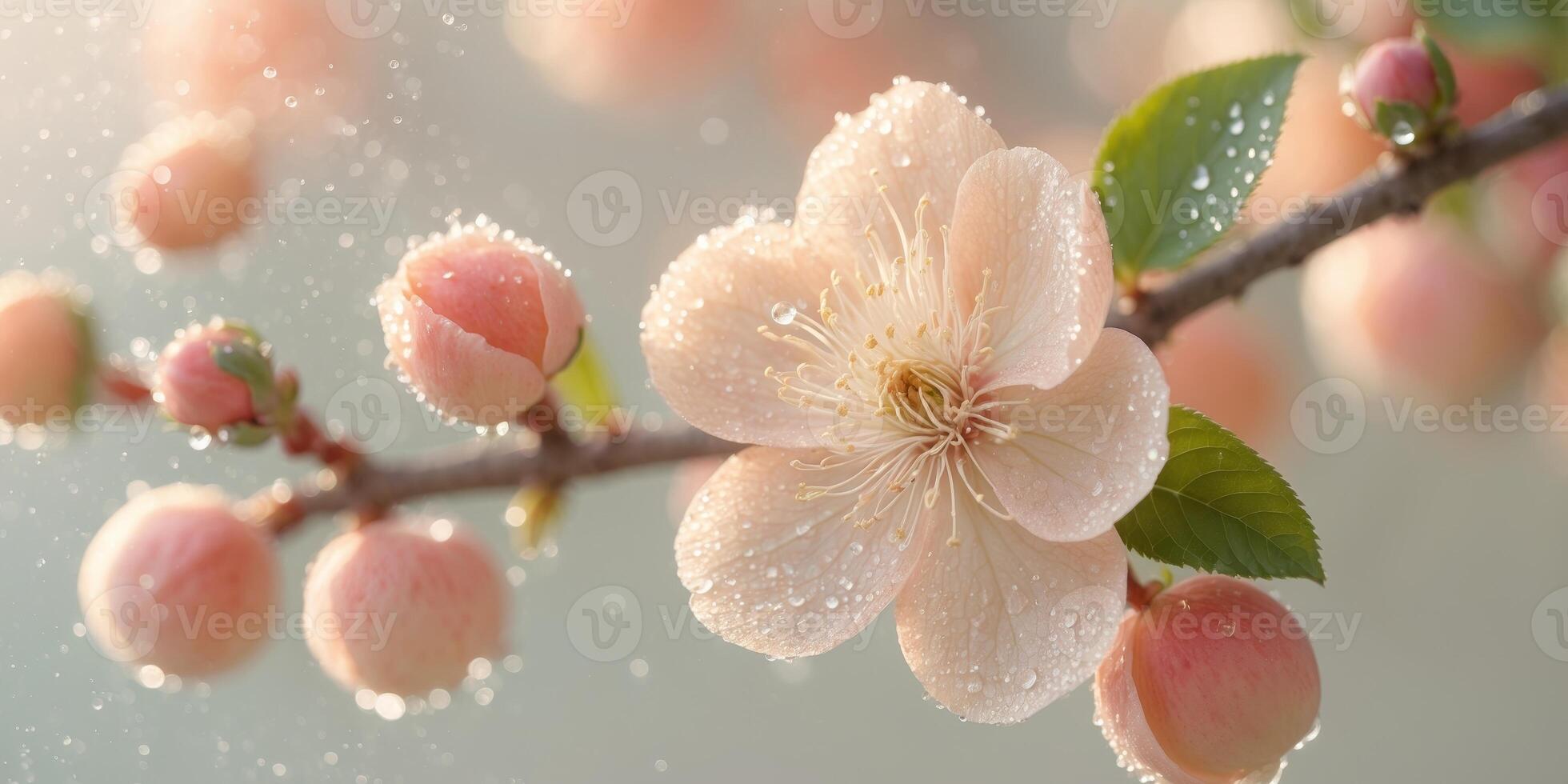 Delicate Peach Blossom Dew Drops Embrace Petals photo