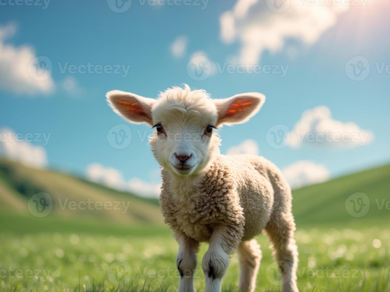 Adorable lamb in sunlit pasture under blue sky with clouds photo