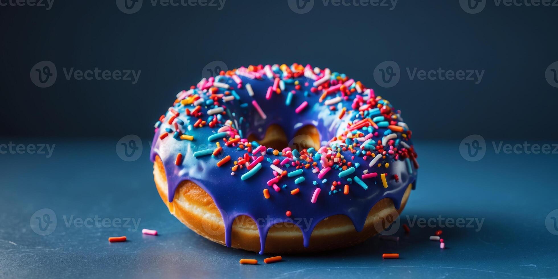 modern colorful glistening donut on a dark blue surfacemodern colorful glistening donut on a dark blue surface. photo