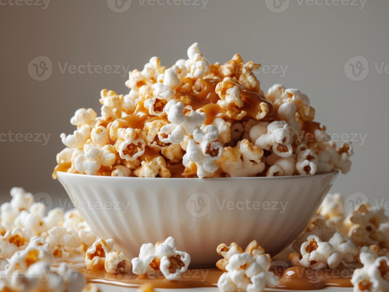 Delicious Caramel Popcorn in a White Bowl A Sweet Treat for Movie NightDelicious Caramel Popcorn in a White Bowl A Sweet Treat for Movie Night. photo