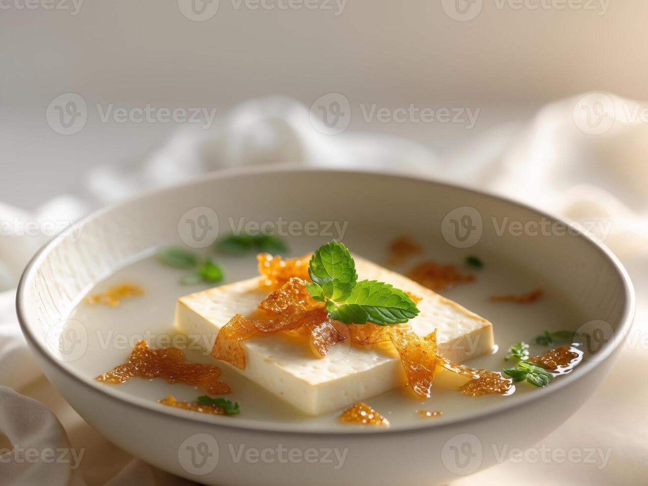 Silken Tofu in Savory Broth with Bonito Flakes and MintSilken Tofu in Savory Broth with Bonito Flakes and Mint. photo