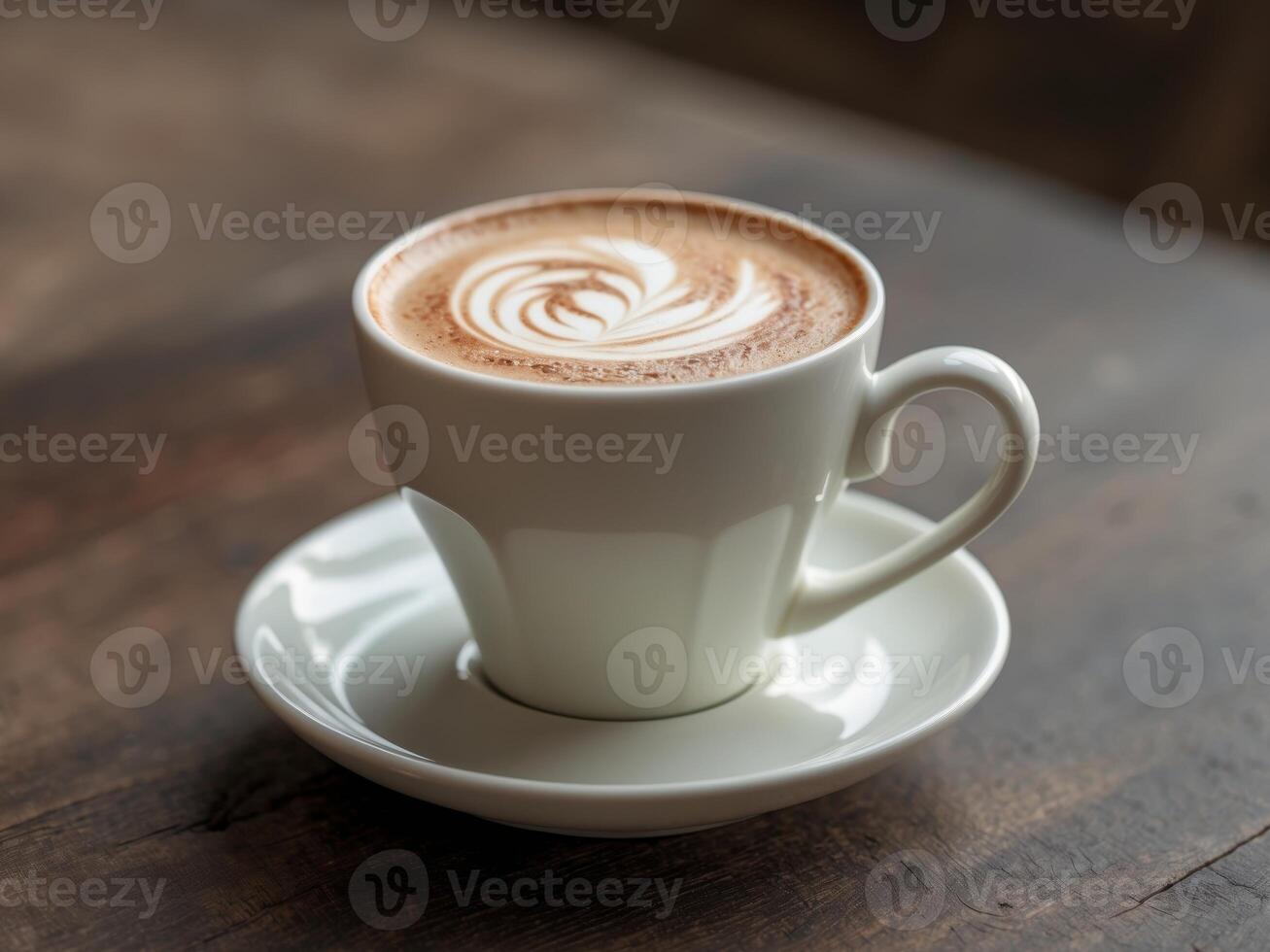 Elegant Coffee Cup with Intricate Rose Latte Art on Wooden Table SurfaceElegant Coffee Cup with Intricate Rose Latte Art on Wooden Table Surface. photo