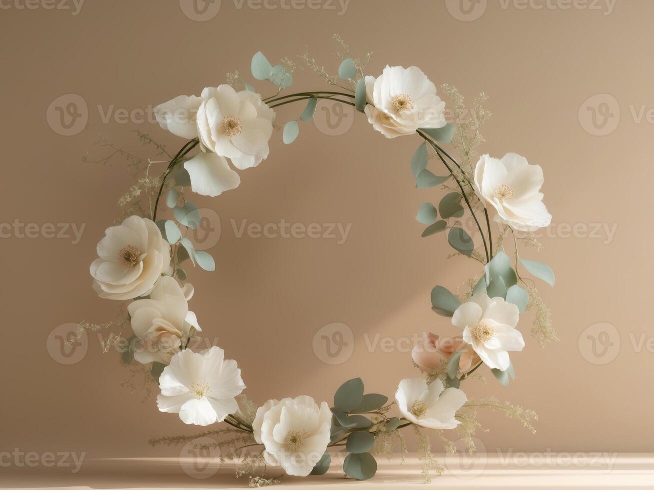 Elegant Circular Floral Wreath Design on BeigeElegant Circular Floral Wreath Design on Beige. photo