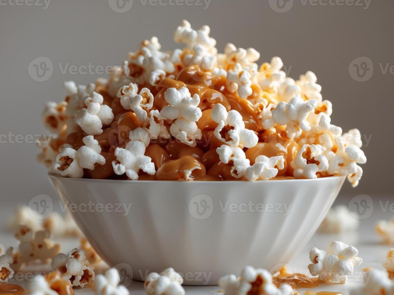 Delicious Caramel Popcorn in a White Bowl A Sweet Treat for Movie Night photo