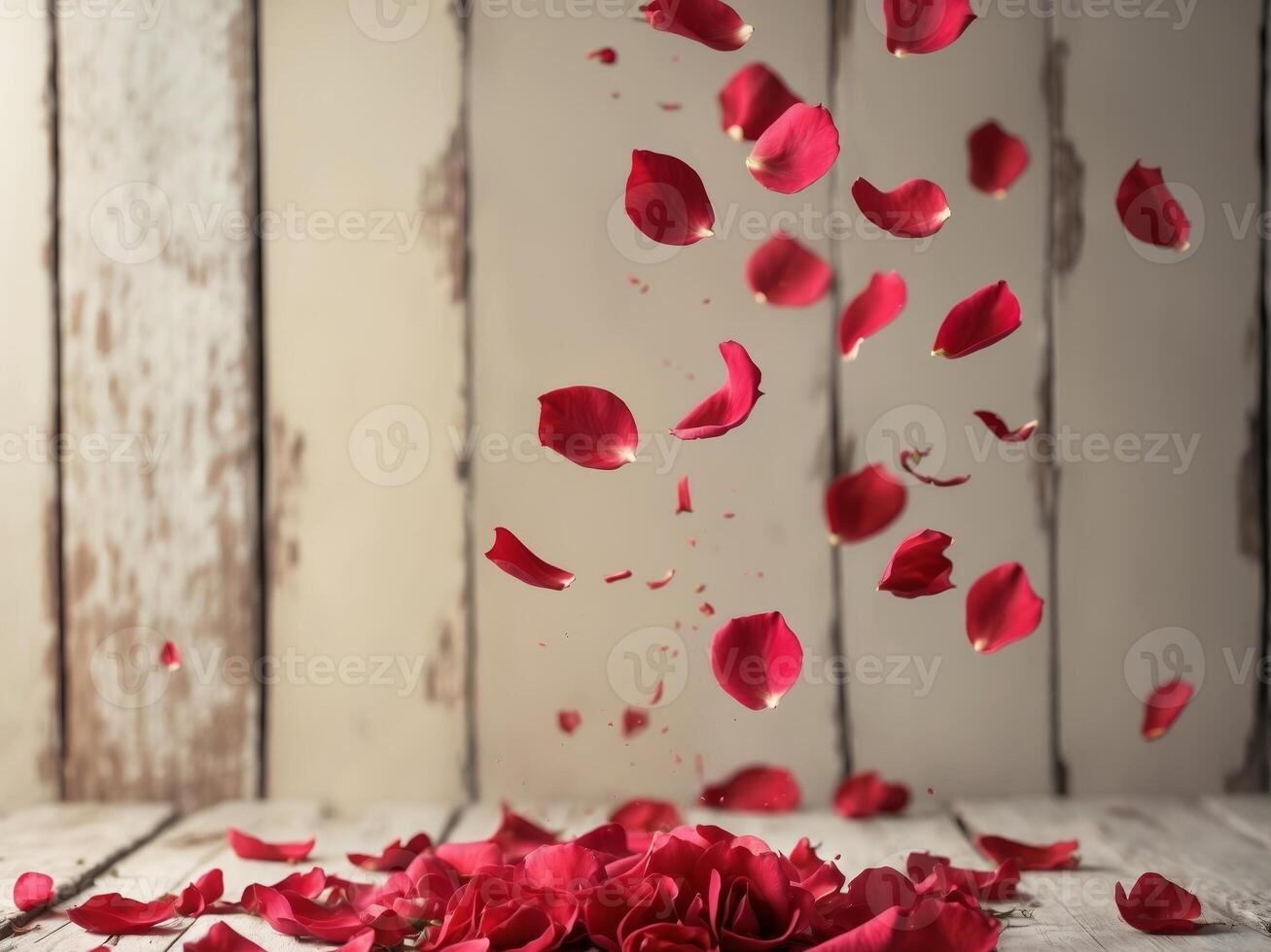 Falling Red Rose Petals on Rustic Wooden Background with Soft Light EffectsFalling Red Rose Petals on Rustic Wooden Background with Soft Light Effects. photo
