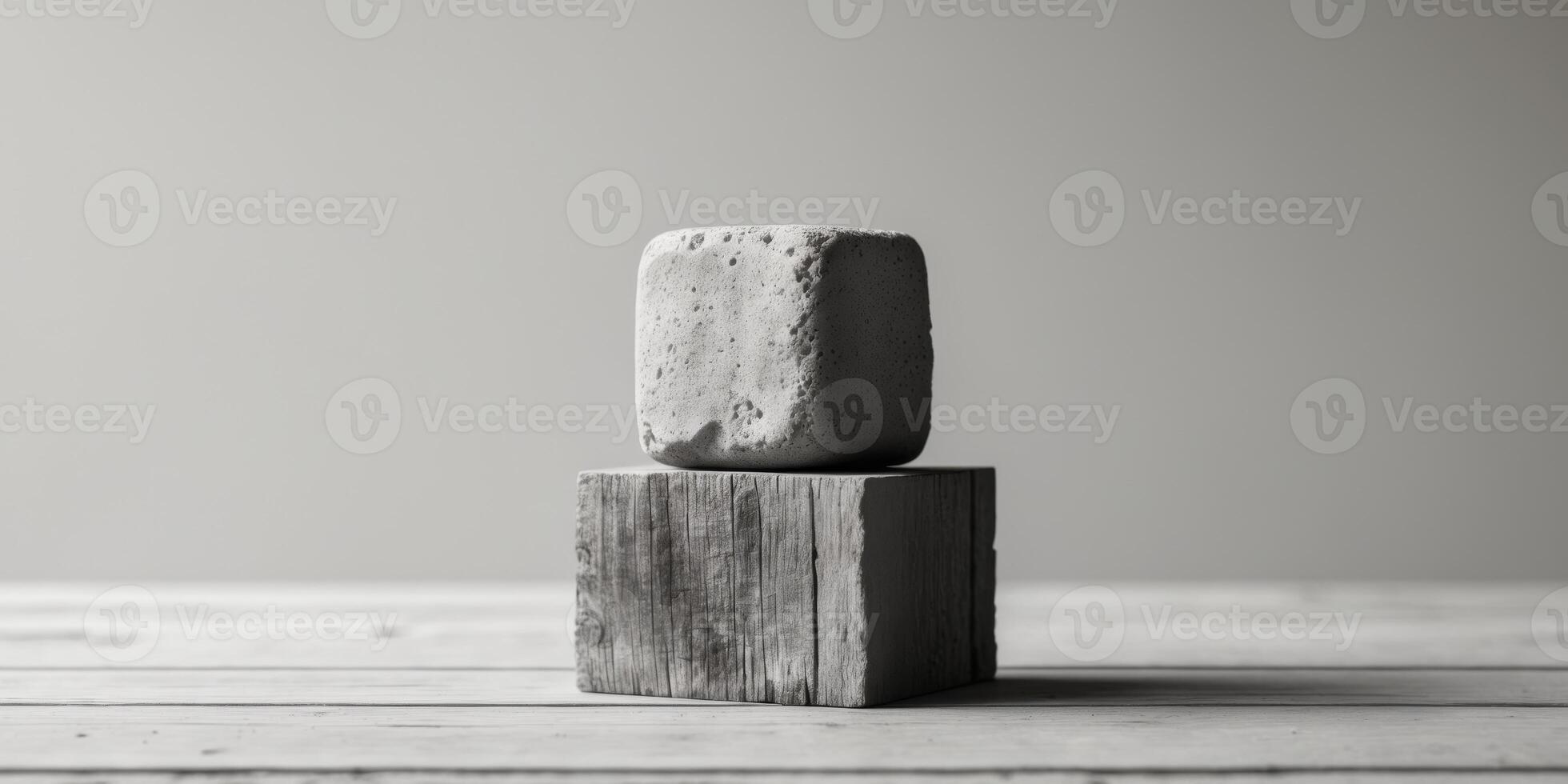 Stone Cube Balanced Above Wooden Block On Table photo