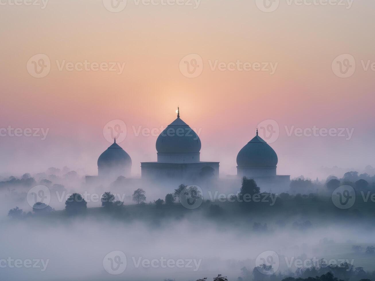 Sunrise over Misty Landscape with Three Domes photo