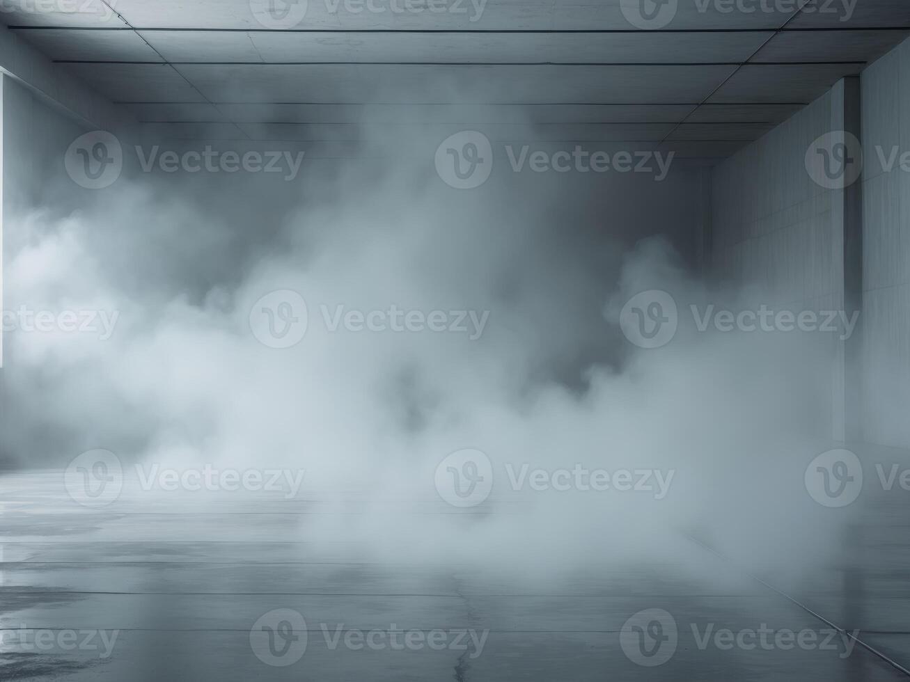 A room with a concrete floor filled with white smokeA room with a concrete floor filled with white smoke. photo