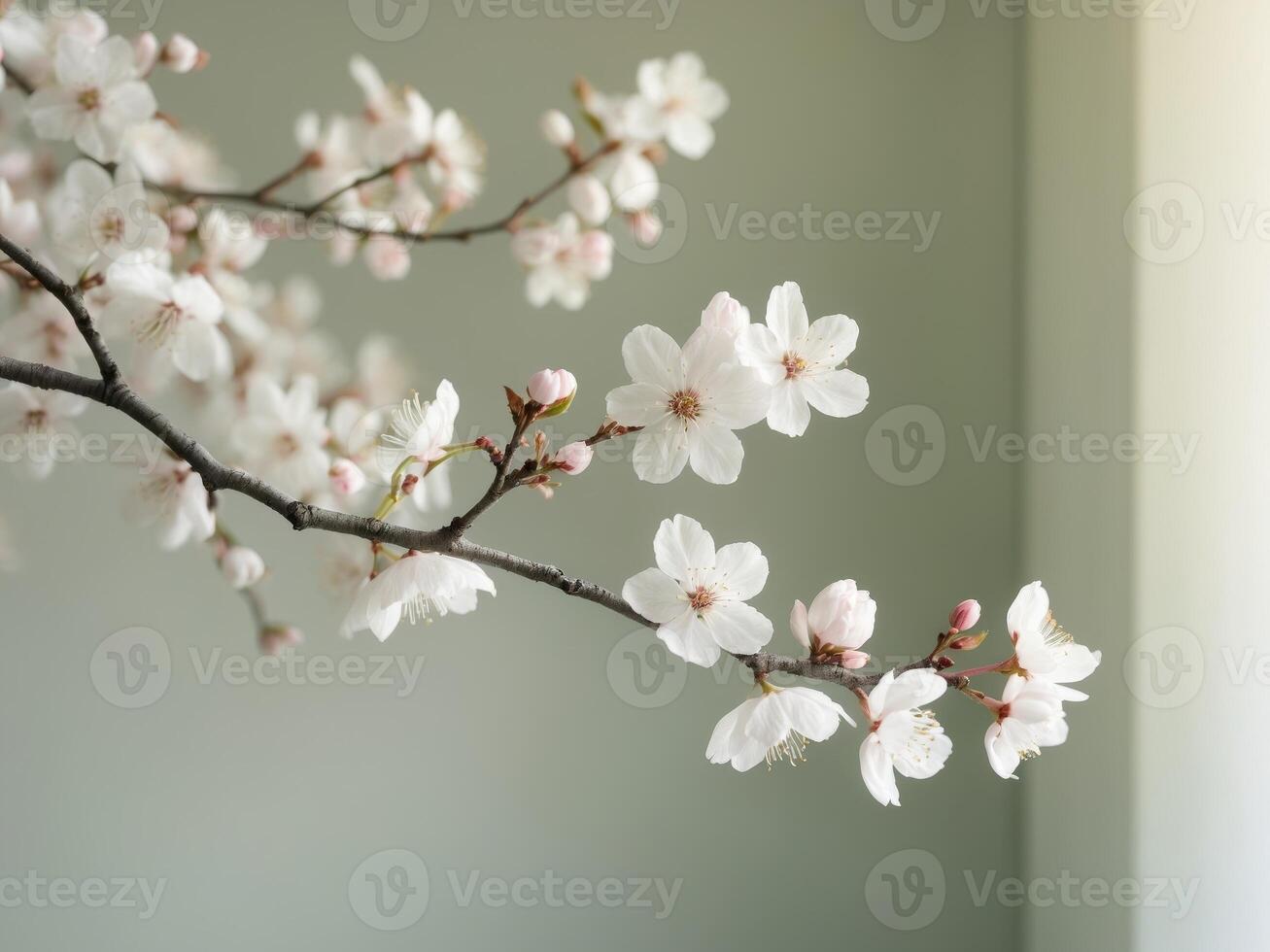 Beautiful White Cherry Blossom Flowers on Branch with Soft Green Background photo