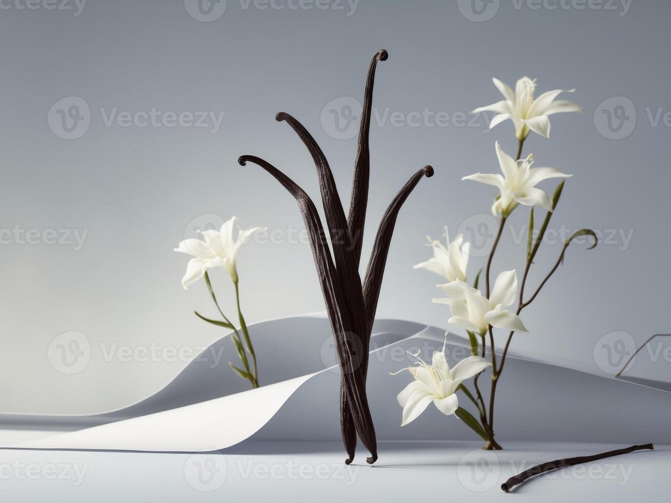 Elegant Vanilla Pods with Beautiful White Flowers on Gray BackgroundElegant Vanilla Pods with Beautiful White Flowers on Gray Background. photo