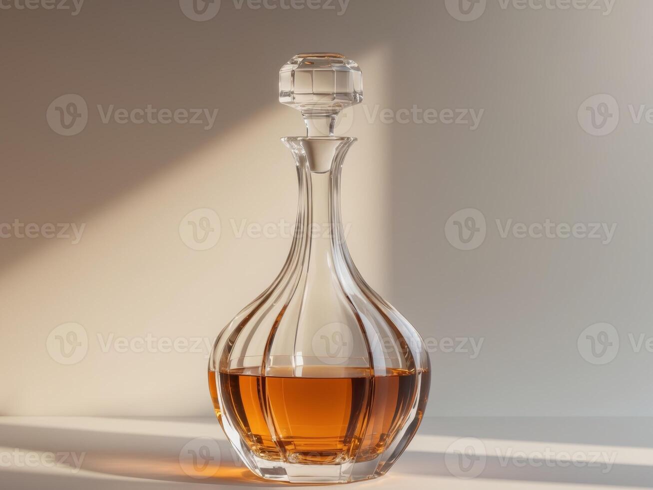 Elegant crystal decanter casting shadows with amber liquid in sunlightElegant crystal decanter casting shadows with amber liquid in sunlight. photo