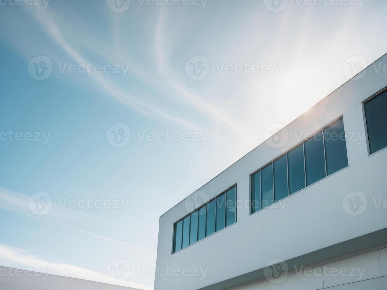 Modern industrial building exterior with large windows under clear sky photo