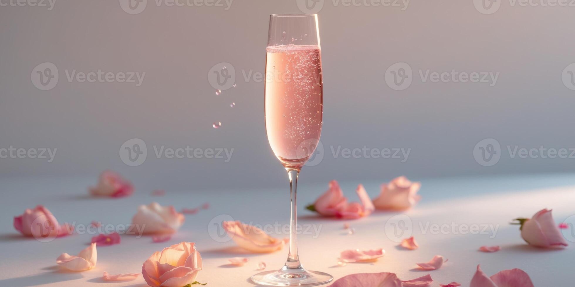 Shimmering Champagne Flute with Pink Champagne and Rose Petals Scattered Around the Base photo