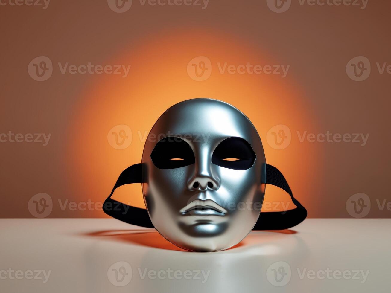 a silver and black mask on an orange backgrounda silver and black mask on an orange background. photo