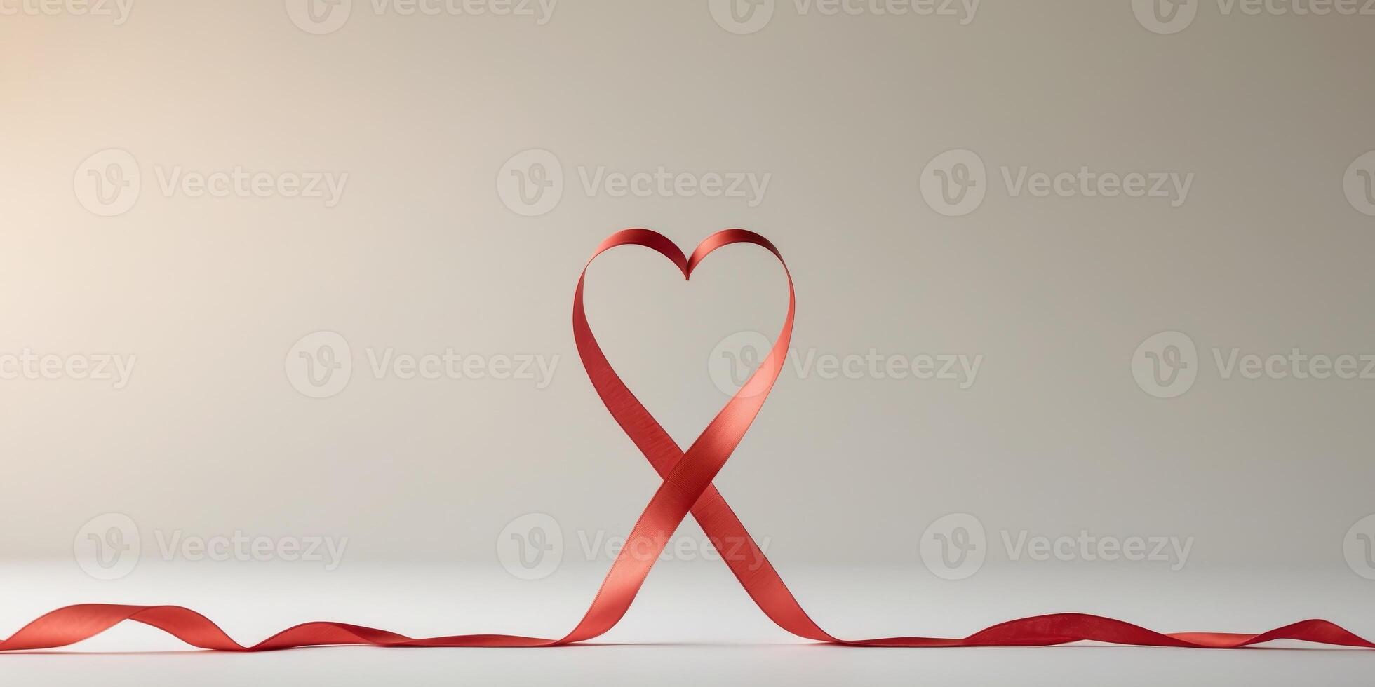 Panoramic Valentines Day Background with Red Heart Ribbon photo