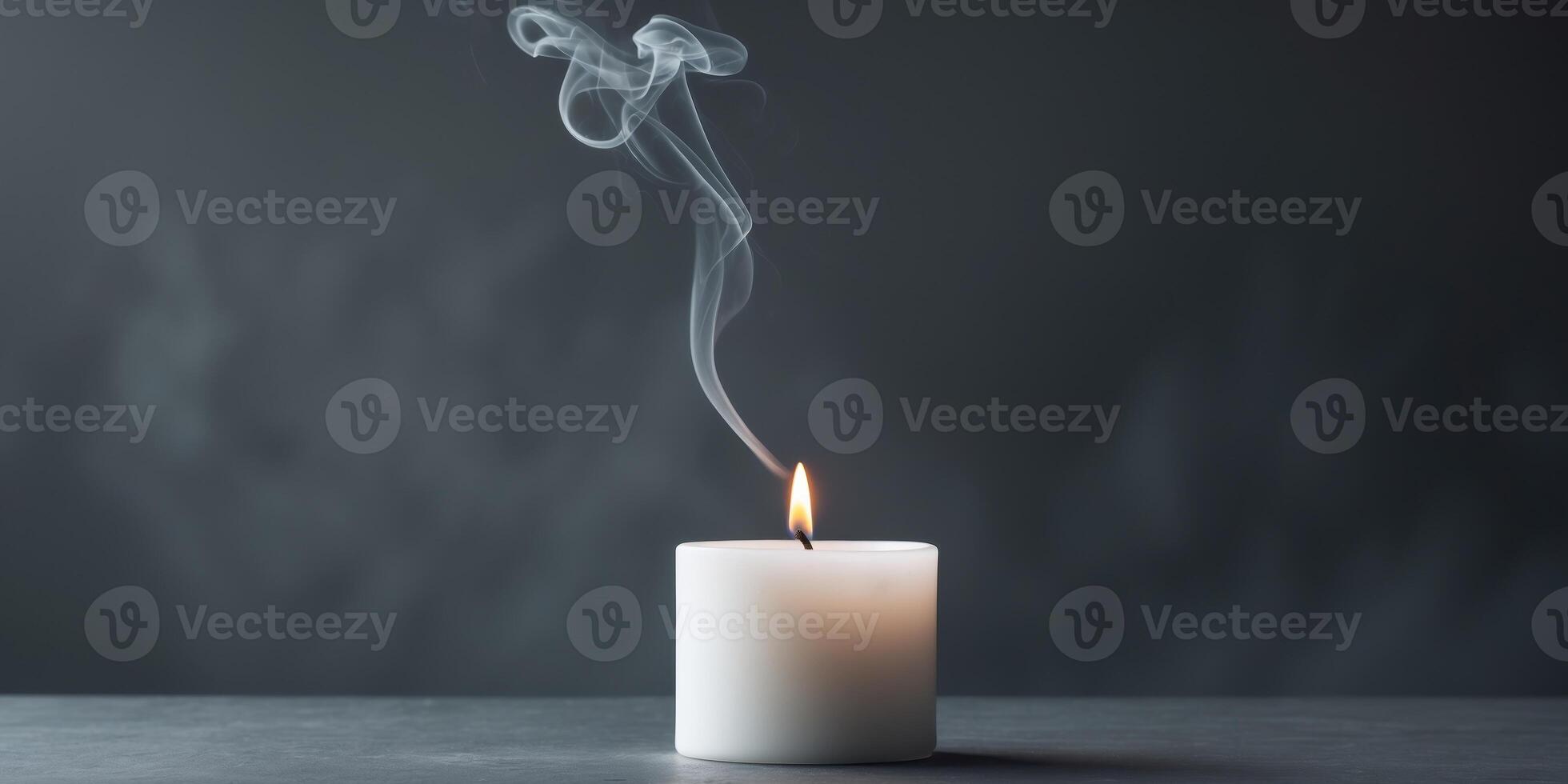 Tranquil White Candle and Smoke on Dark Background - Copy Space for Business ConceptTranquil White Candle and Smoke on Dark Background - Copy Space for Business Concept. photo