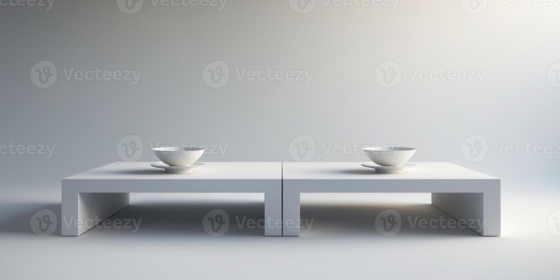 Two white tables with white bowls on top of themTwo white tables with white bowls on top of them. photo