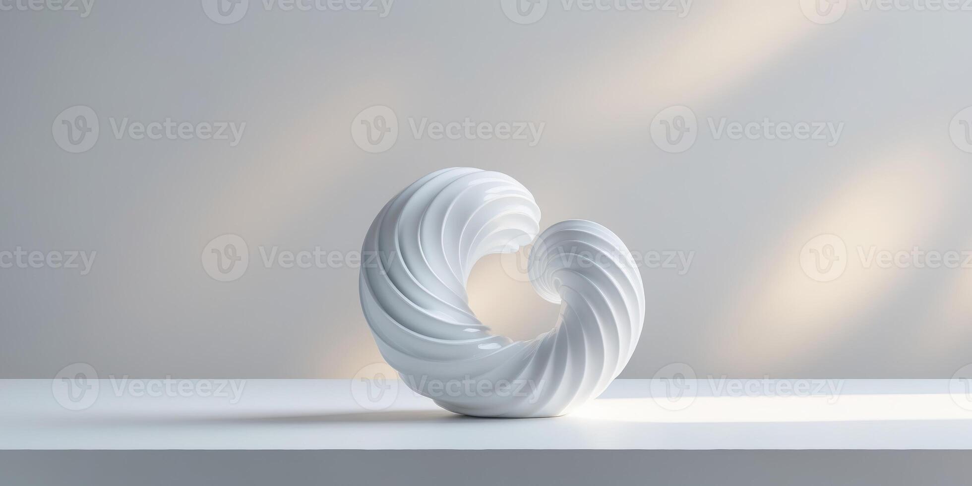 A white sculpture of a spiral shape is sitting on a white surface photo