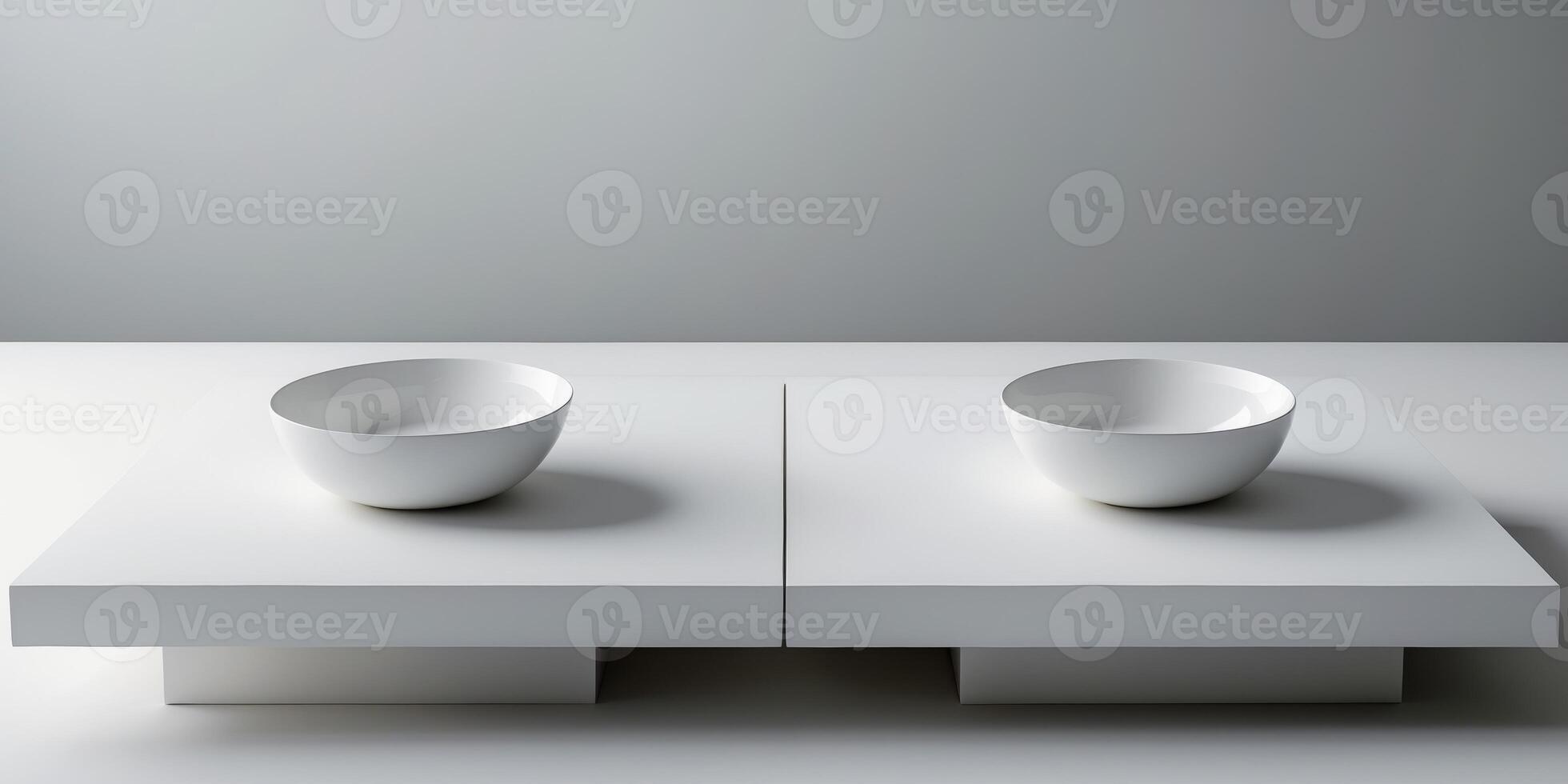 Two white tables with white bowls on top of them photo