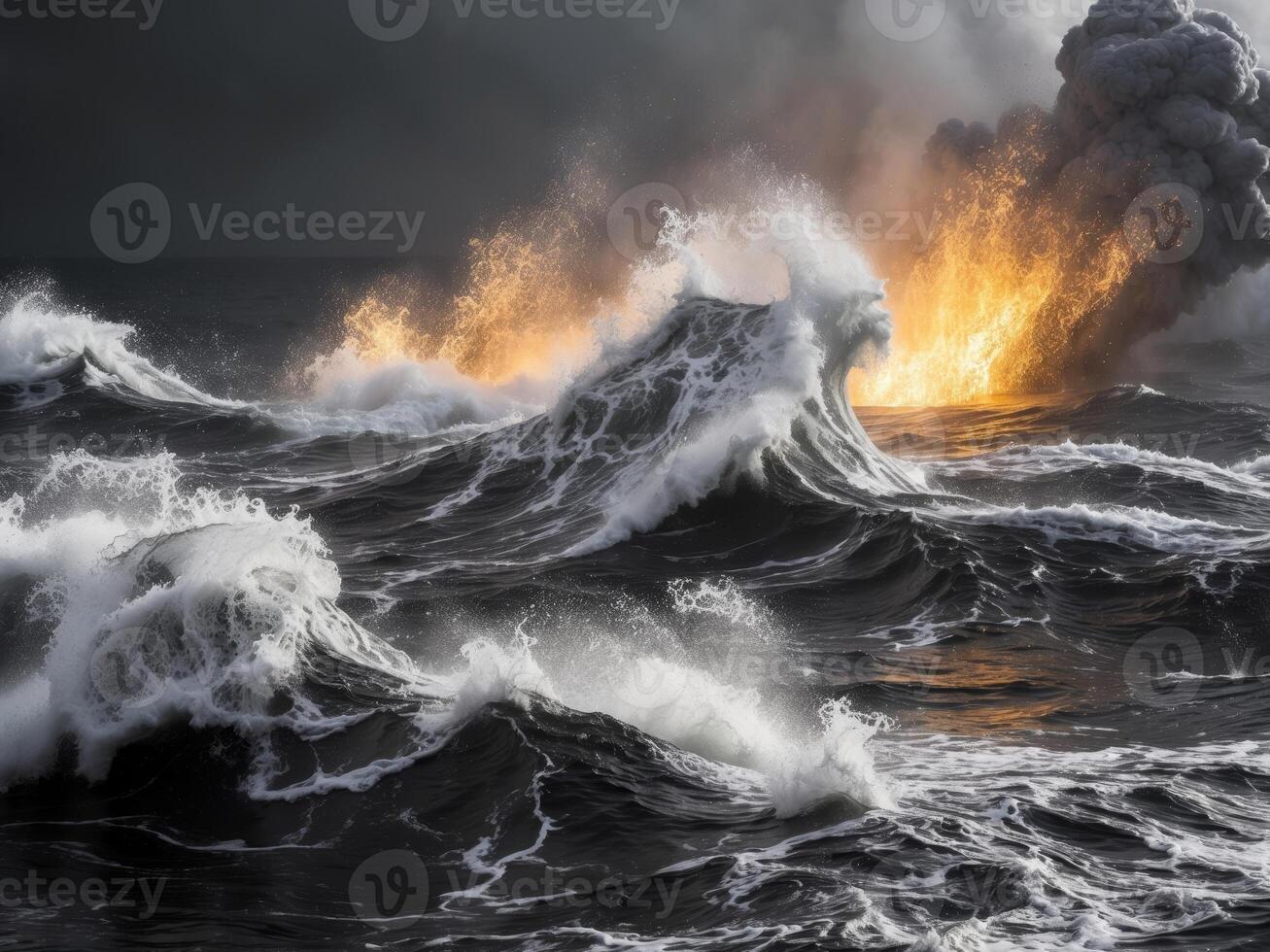 Dynamic underwater flows illuminated by volcanic eruptions radiating energy photo