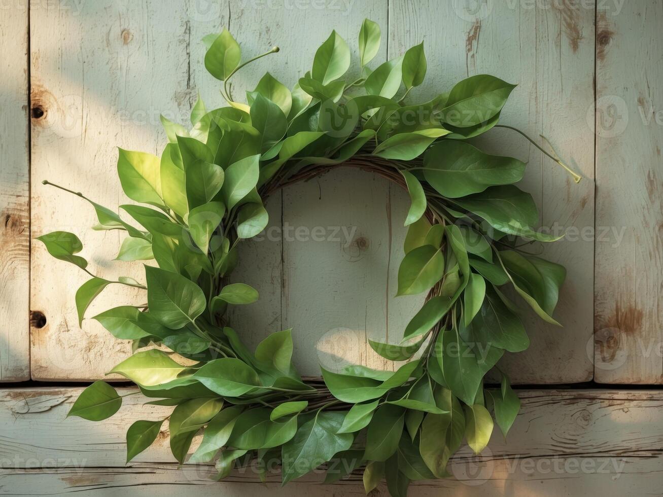 Green leaf wreath on rustic wooden backgroundGreen leaf wreath on rustic wooden background. photo