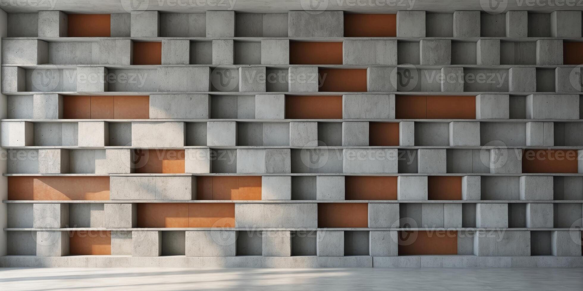 A large room with a wall made of gray and brown blocksA large room with a wall made of gray and brown blocks. photo