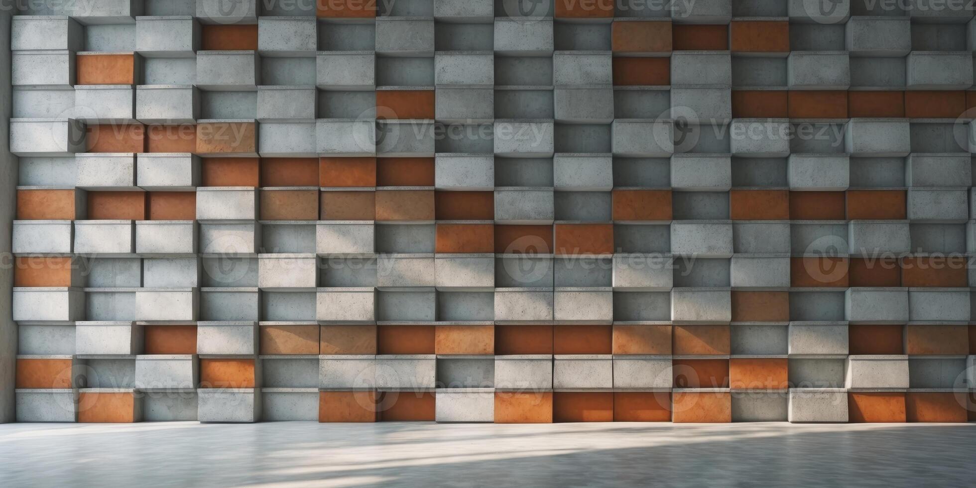 A large room with a wall made of gray and brown blocks photo